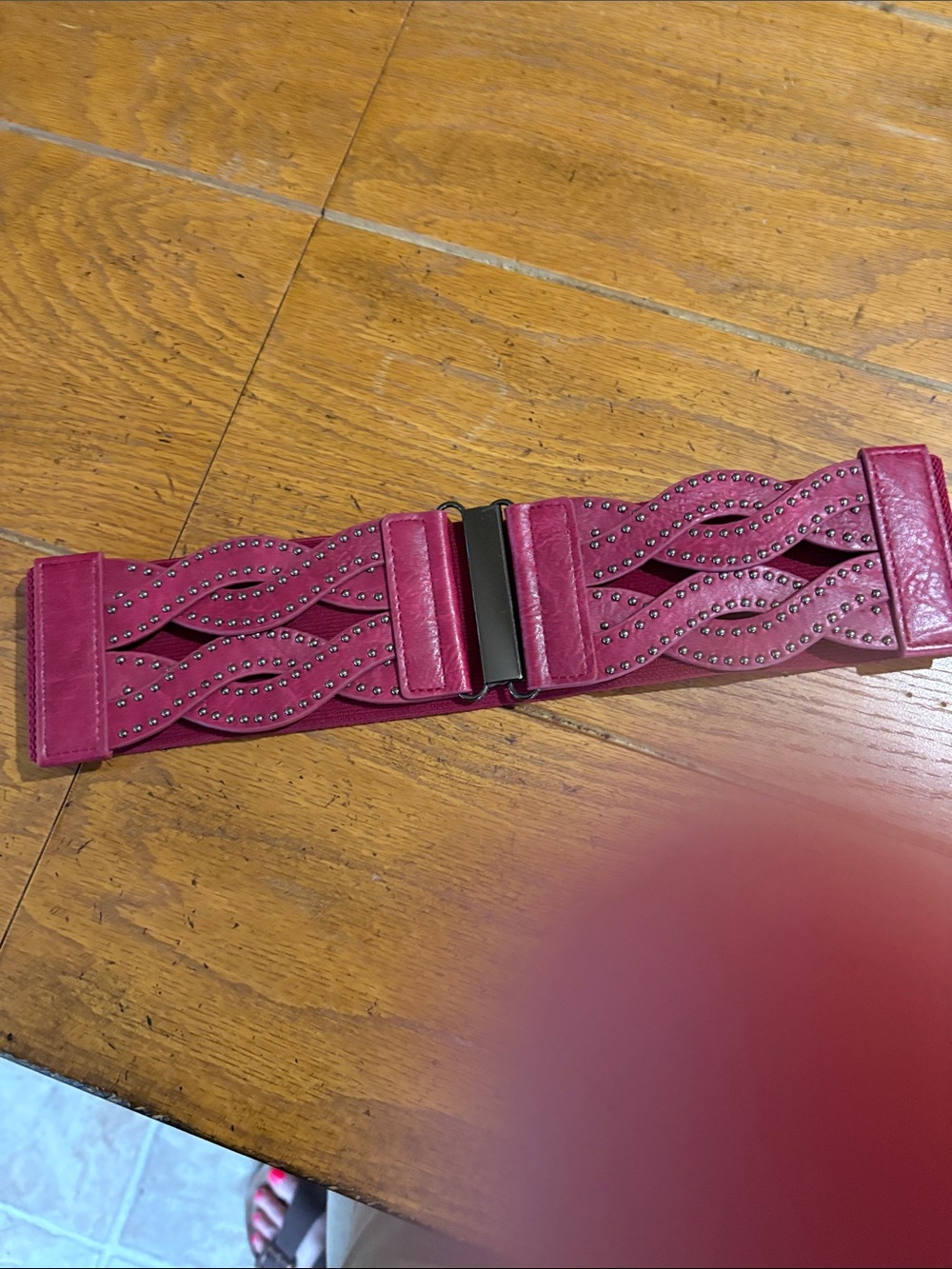Women’s Wide red Studded Stretch Waist Belt, pewter buckle